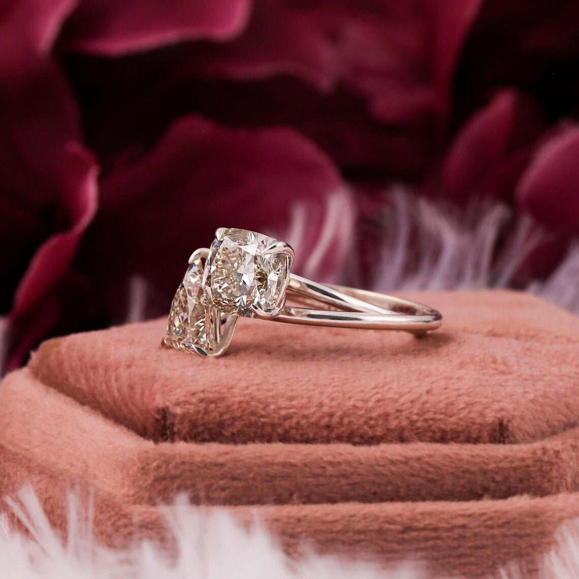 3.20 TCW Cushion & Trillion Cut Lab Diamond Toi Et Moi Engagement Ring