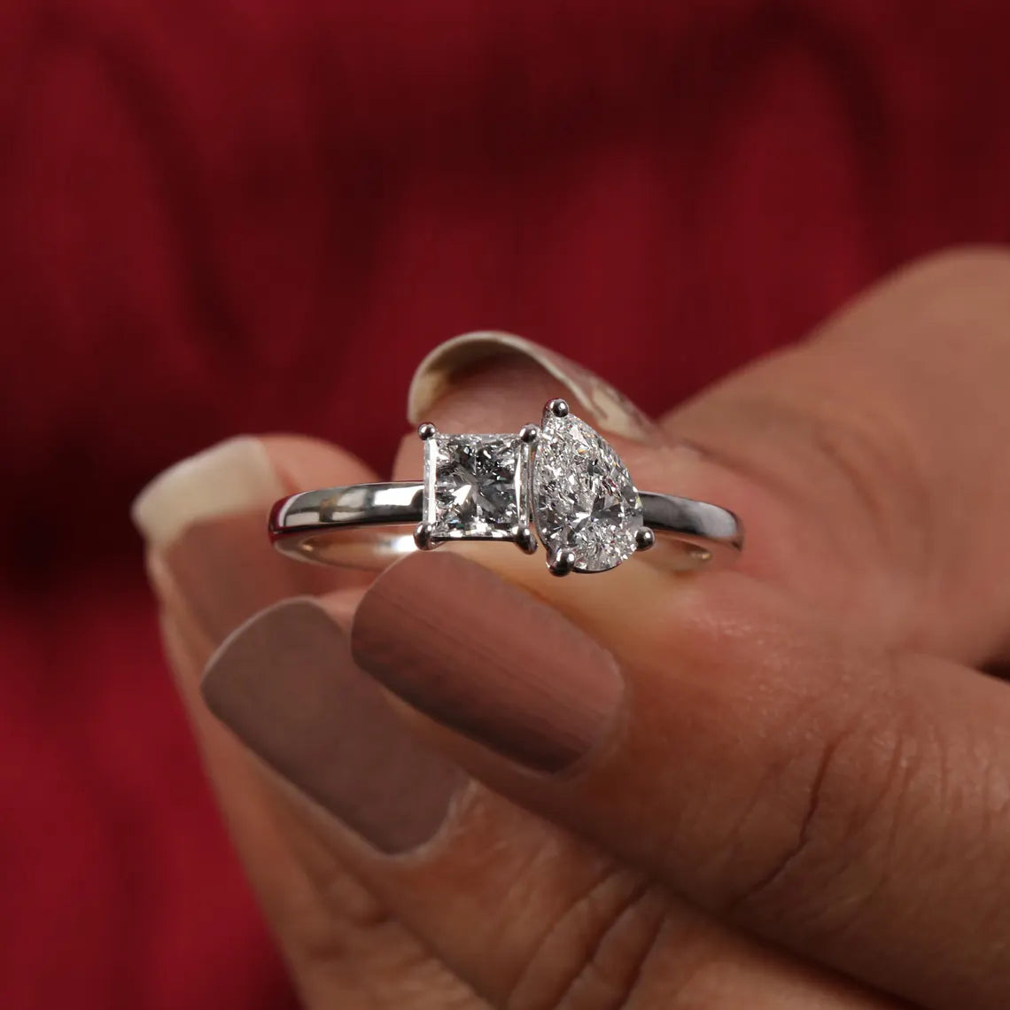 1.35 TCW Princess & Pear Lab Diamond Toi Et Moi Engagement Ring