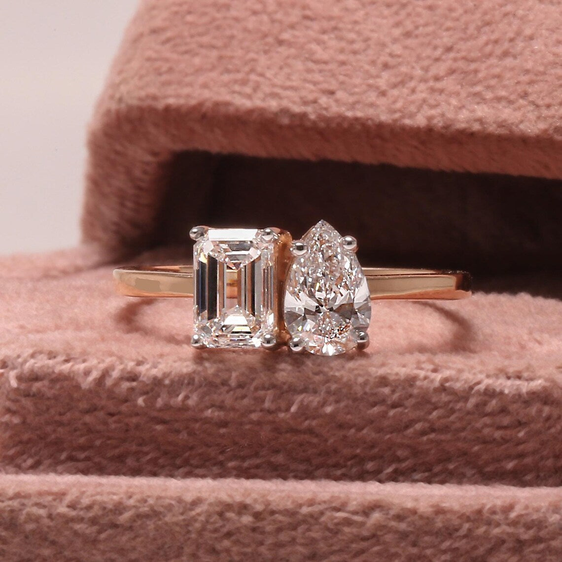2.00 TCW Emerald & Pear Cut Lab Grown Diamond Toi Et Moi Ring