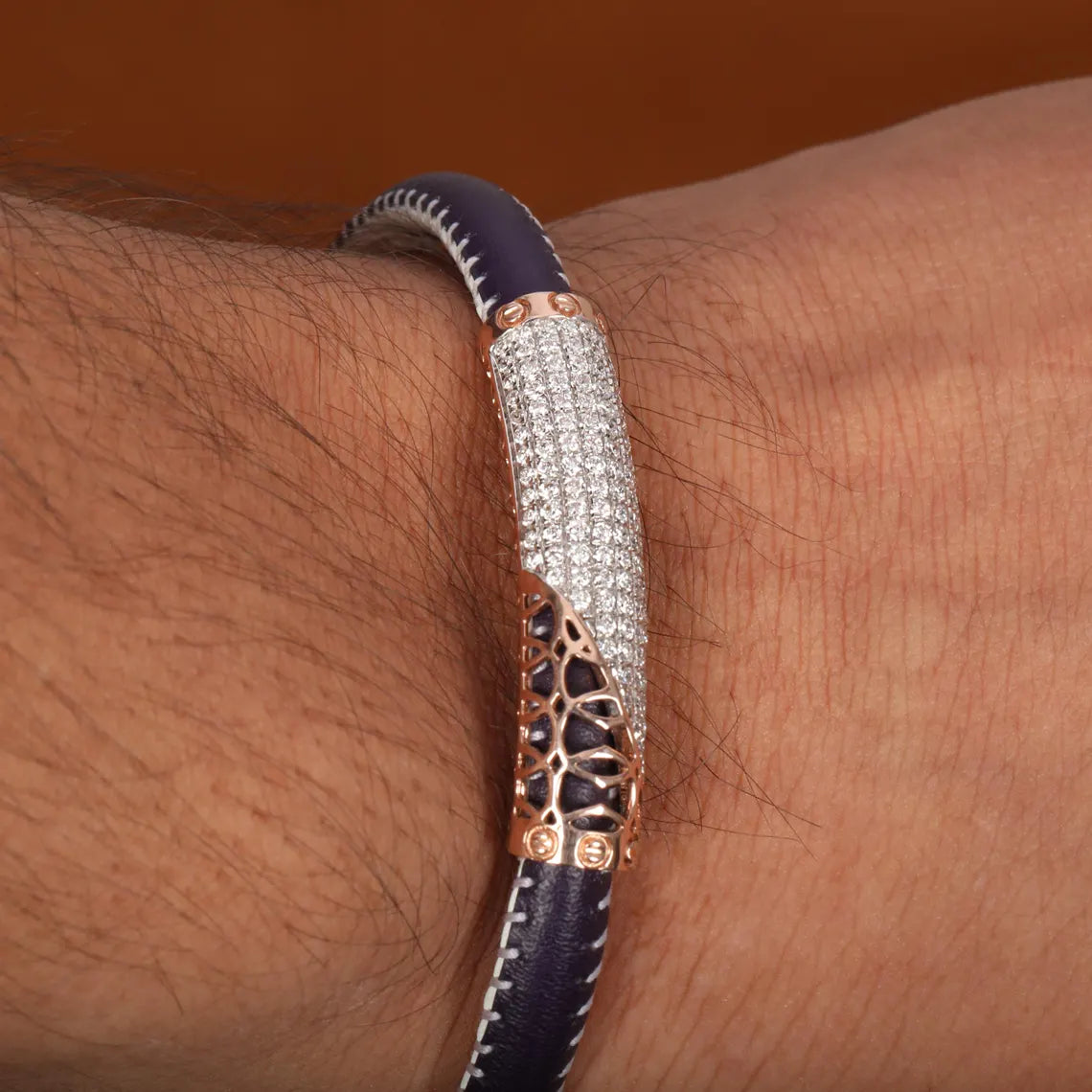 2.50 TCW Round Cut Lab Grown Diamond Leather Bracelet For Men