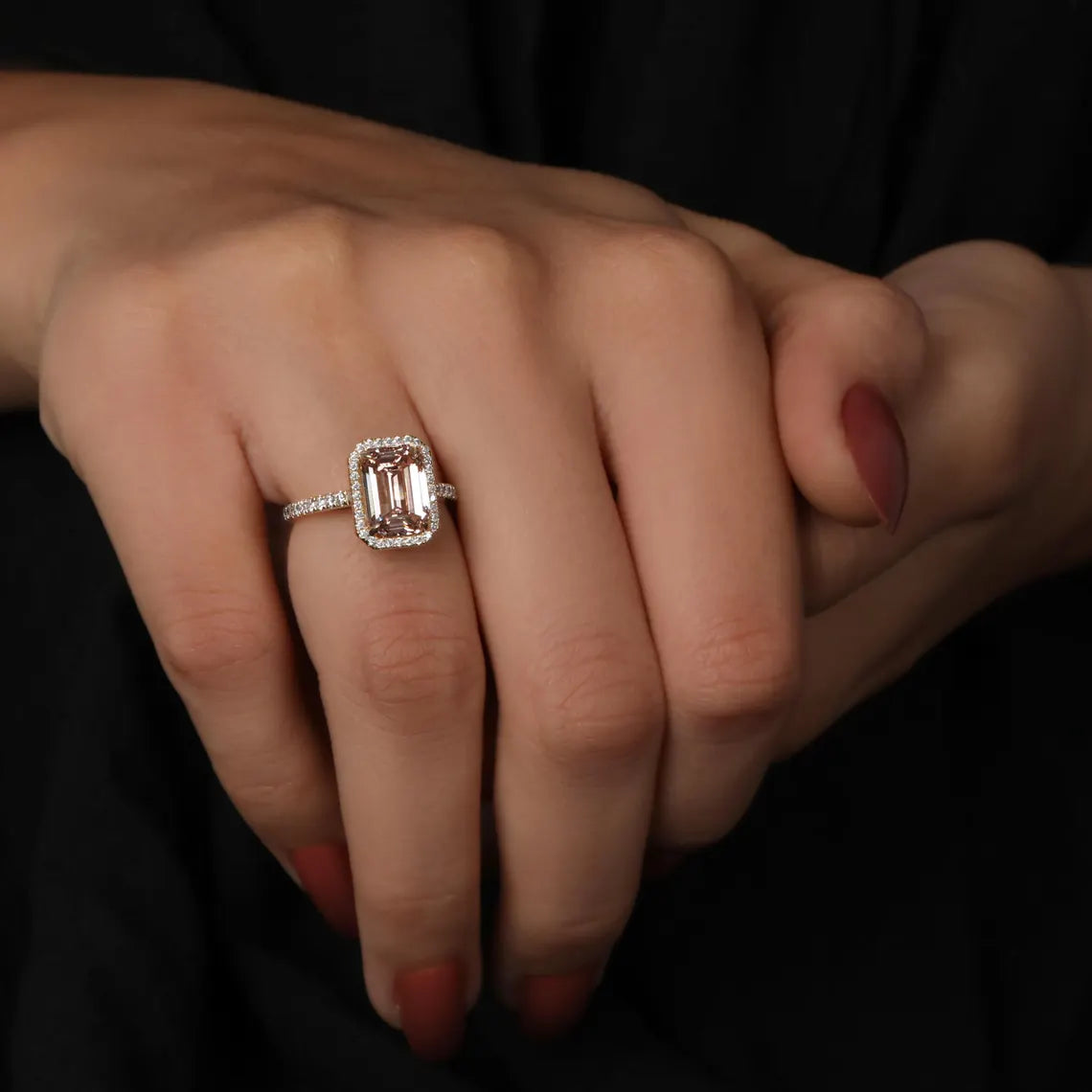 2 Carat Pink Color Emerald Cut Lab Diamond Halo Engagement Ring