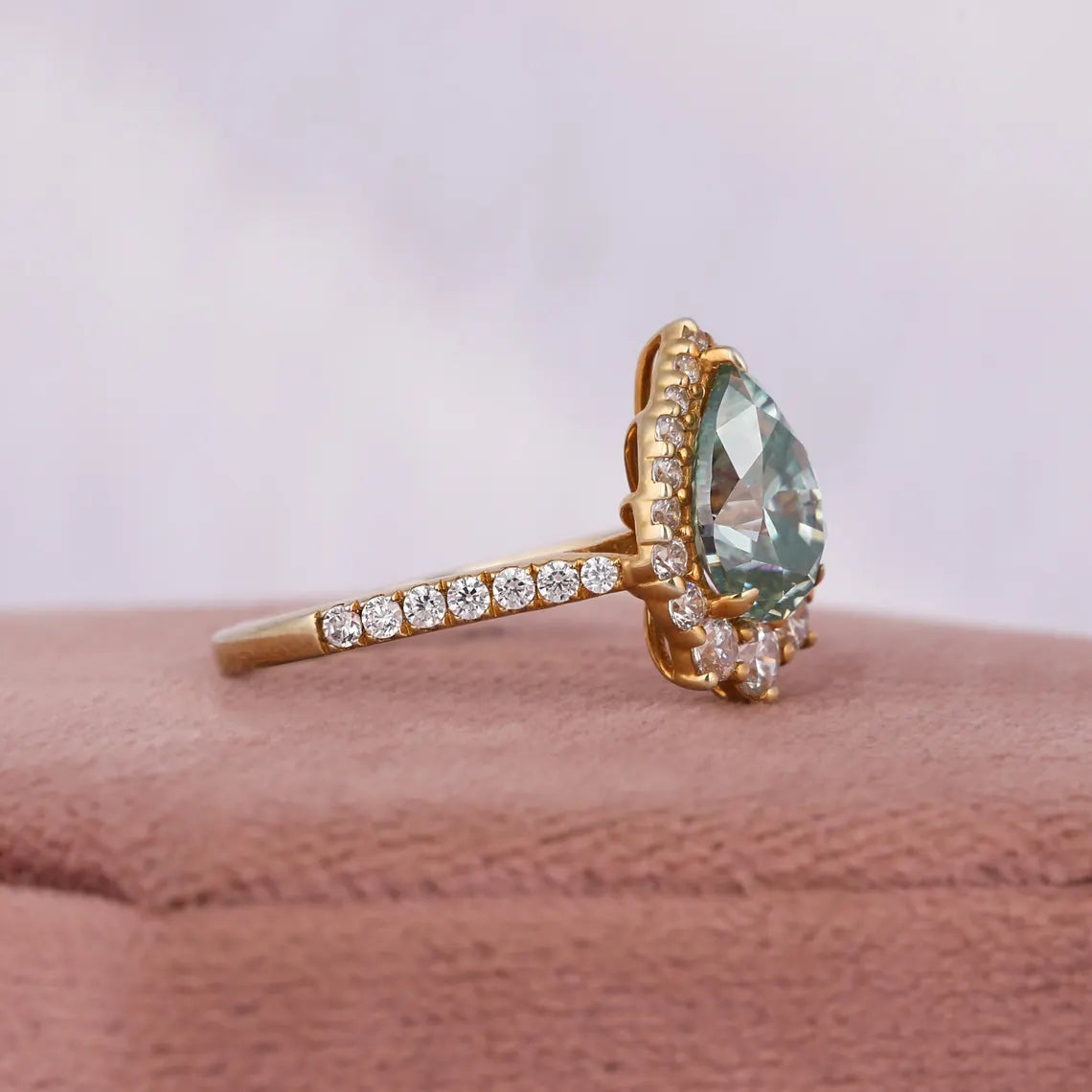 2.00 CT Green Pear Cut Lab Grown Diamond Halo Engagement Ring