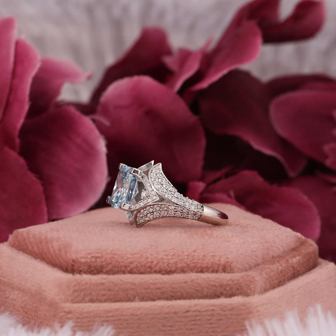 2.50 CT Blue Radiant Cut Lab Grown Diamond Split Shank Wedding Ring