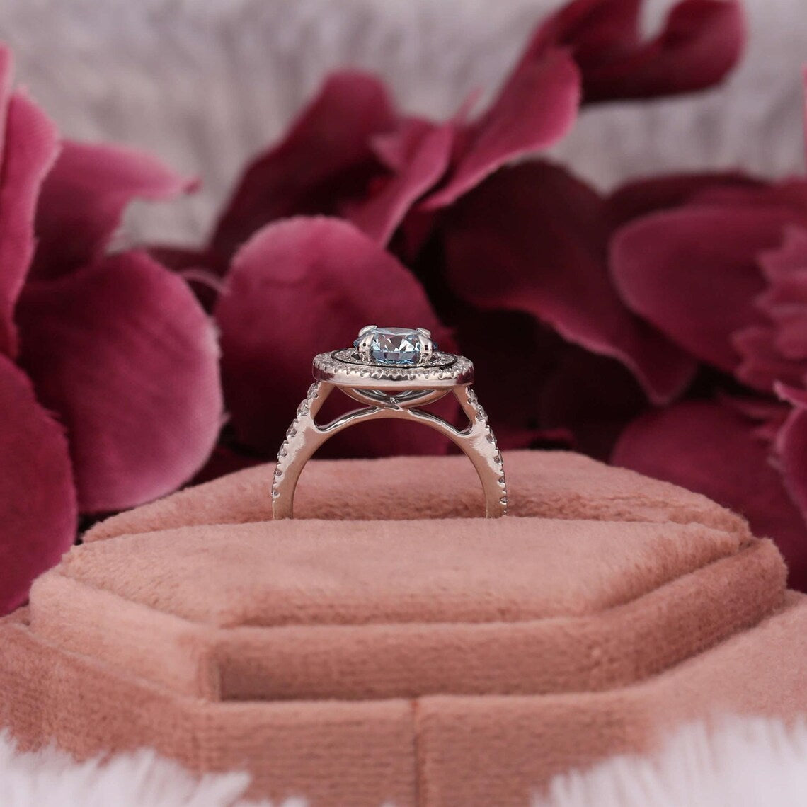 1.50 CT Blue Round Cut Lab Diamond Double Halo Engagement Ring