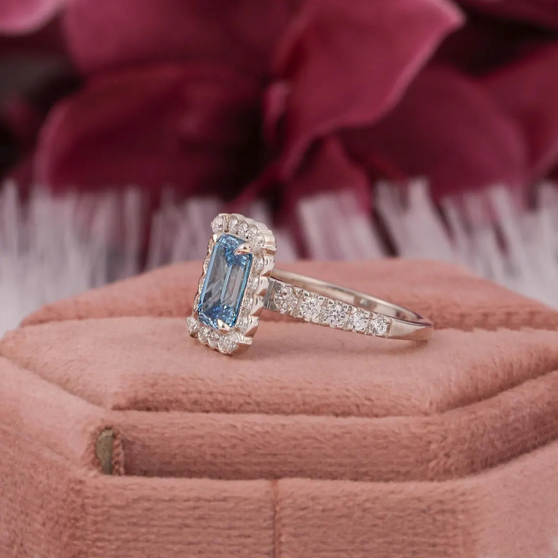 1.50 CT Fancy Vivid Blue Lab Diamond Emerald Cut Halo Engagement Ring