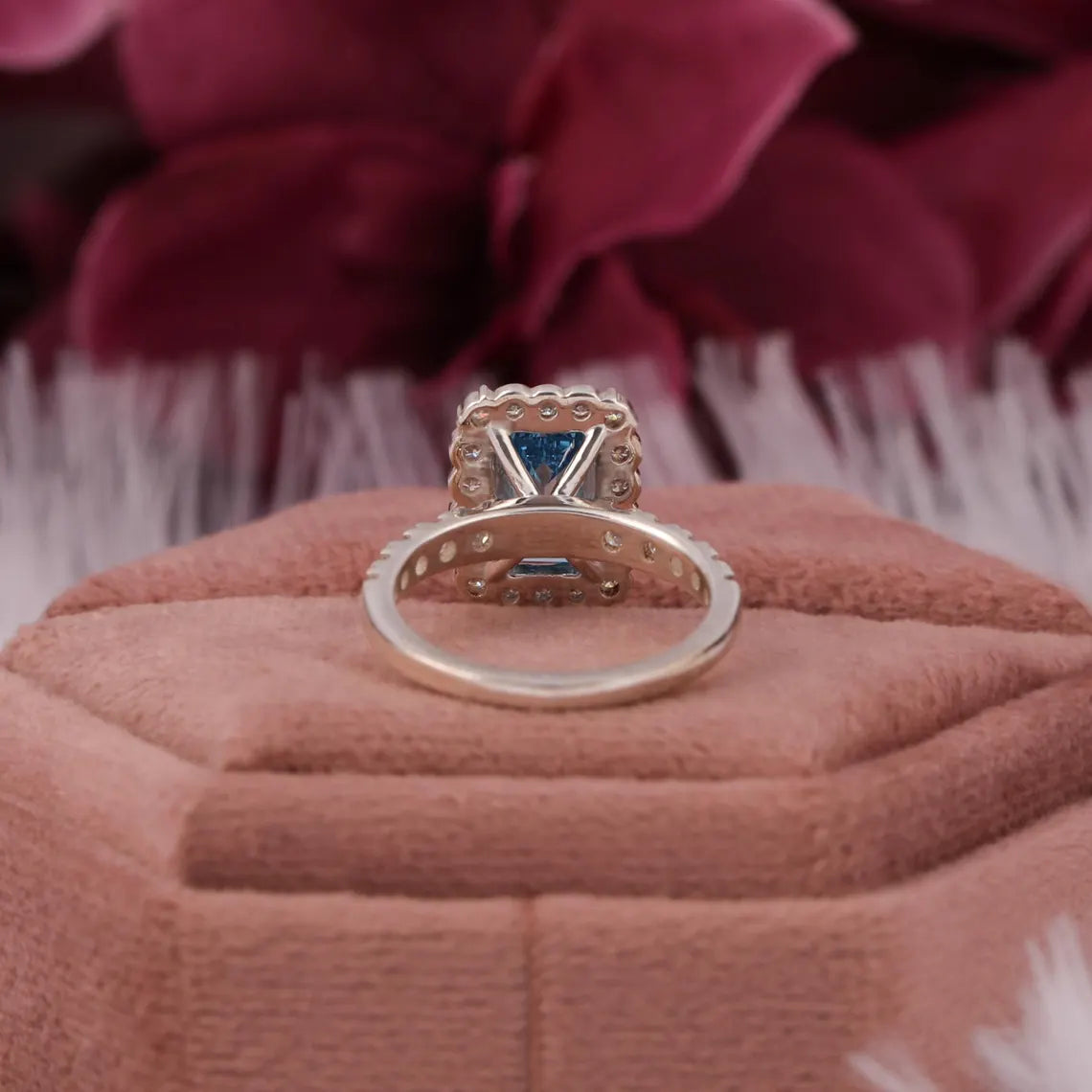 1.50 CT Fancy Vivid Blue Lab Diamond Emerald Cut Halo Engagement Ring