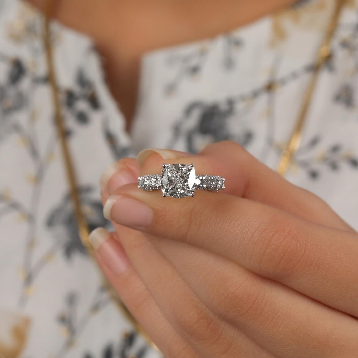 3.00 CT Cushion Cut Lab Diamond Double Hidden Halo Engagement Ring