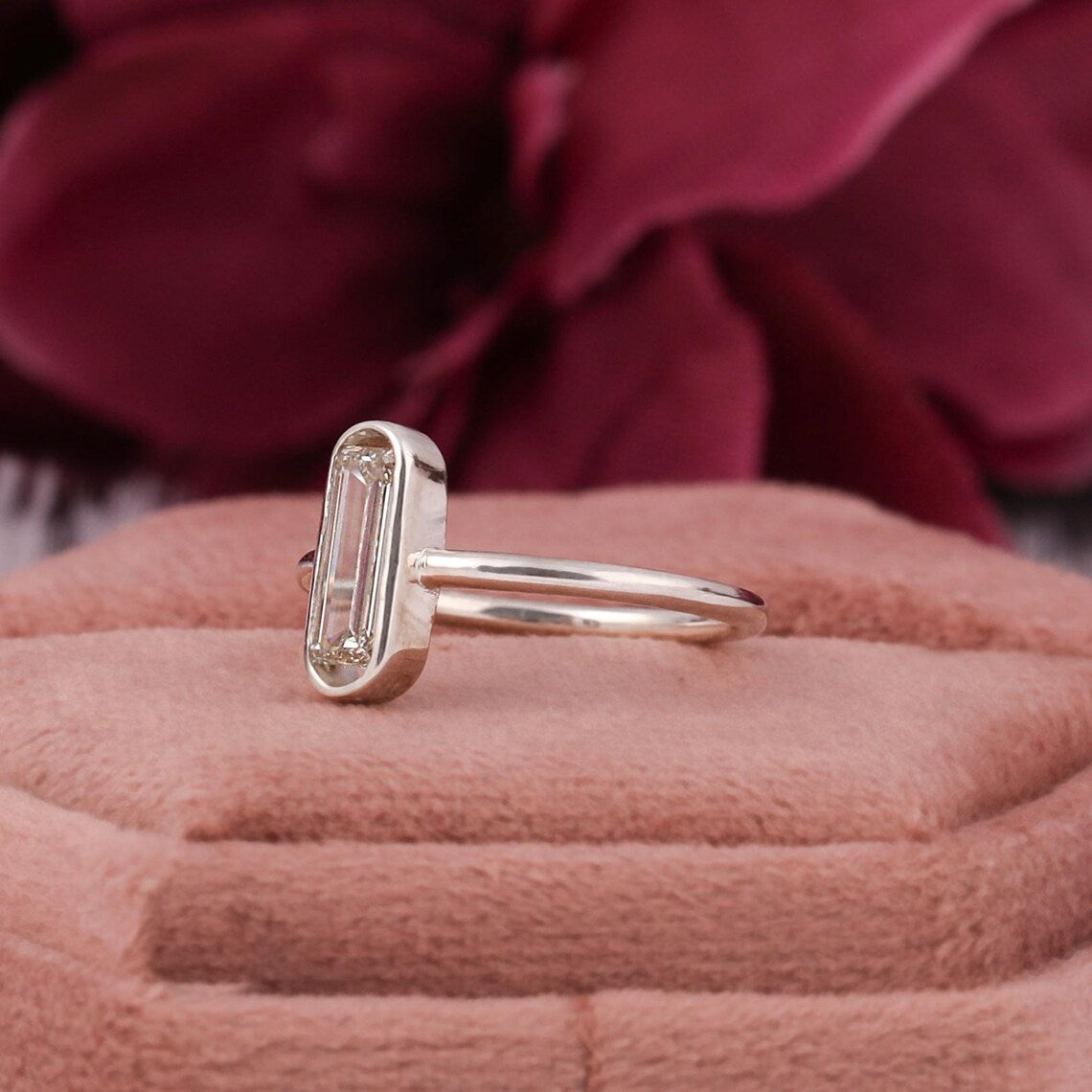 0.50 Carat Emerald Cut Lab Diamond Bezel Set Solitaire Engagement Ring