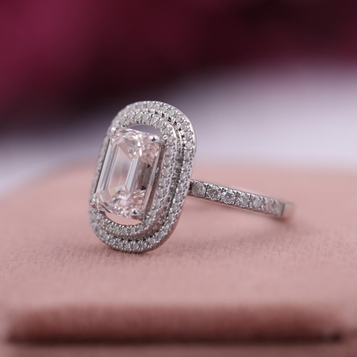 2.00 CT Emerald Fancy Pink Lab Diamond Double Halo Pave Engagement Ring