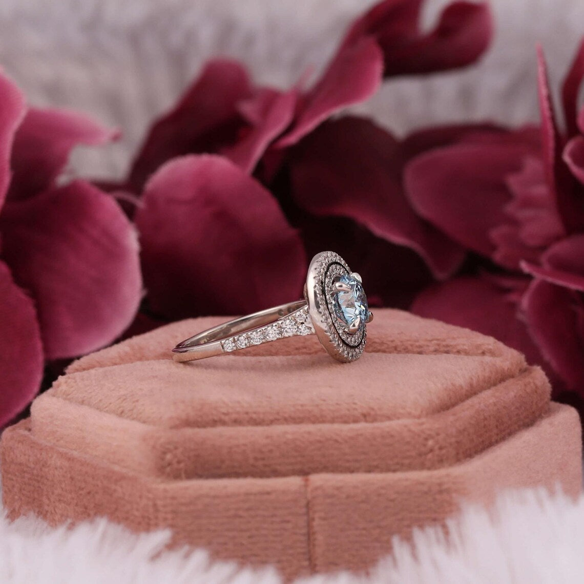1.50 CT Blue Round Cut Lab Diamond Double Halo Engagement Ring