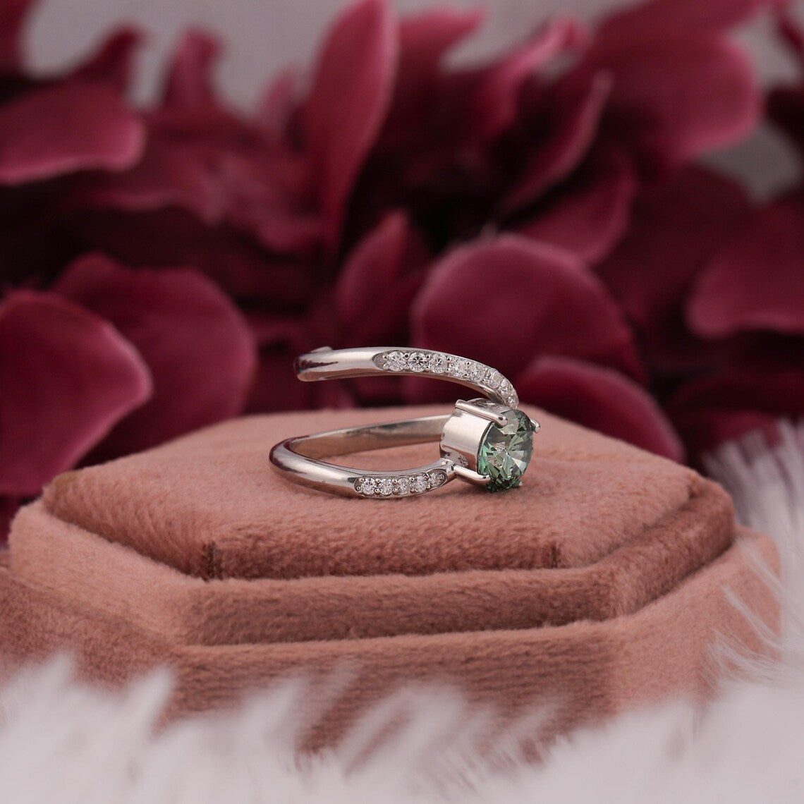 1.50 CT Green Round Cut Lab Grown Diamond Pave Engagement Ring