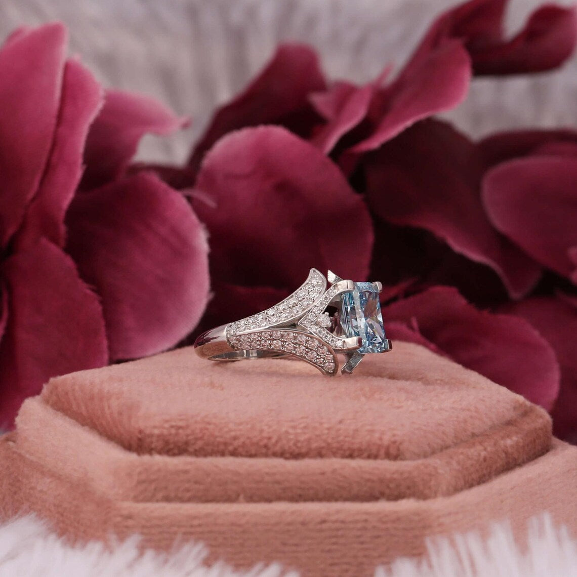 2.50 CT Blue Radiant Cut Lab Grown Diamond Split Shank Wedding Ring