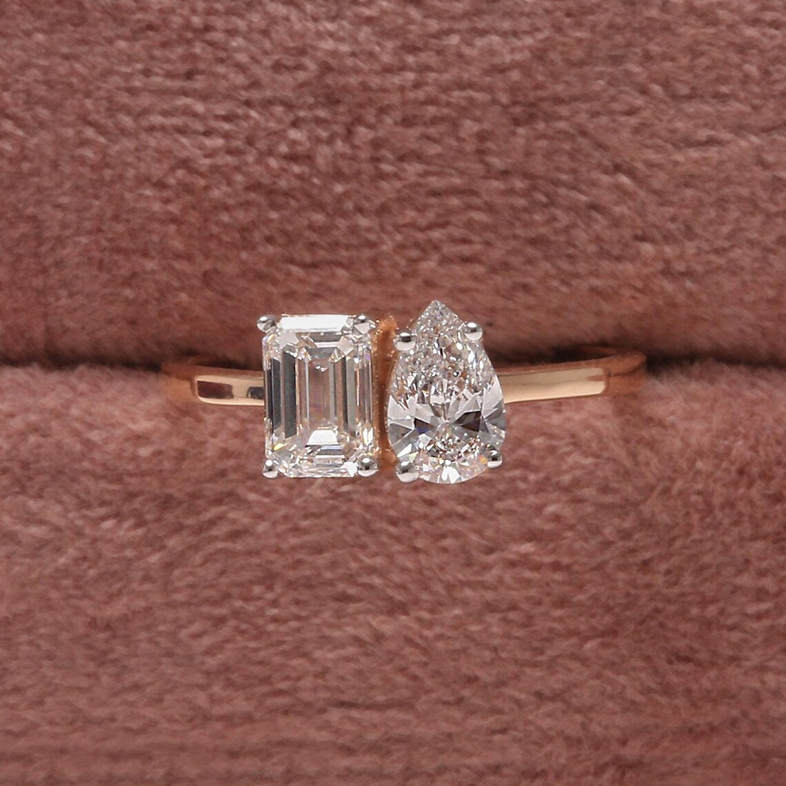 2.00 TCW Emerald & Pear Cut Lab Grown Diamond Toi Et Moi Ring