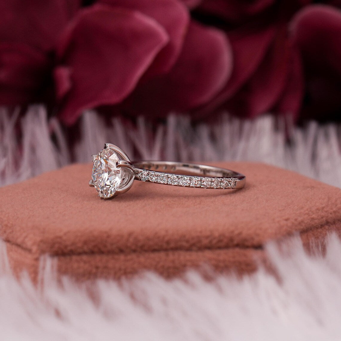 1.00 CT Round Lab Grown Diamond Solitaire Engagement Pave Ring
