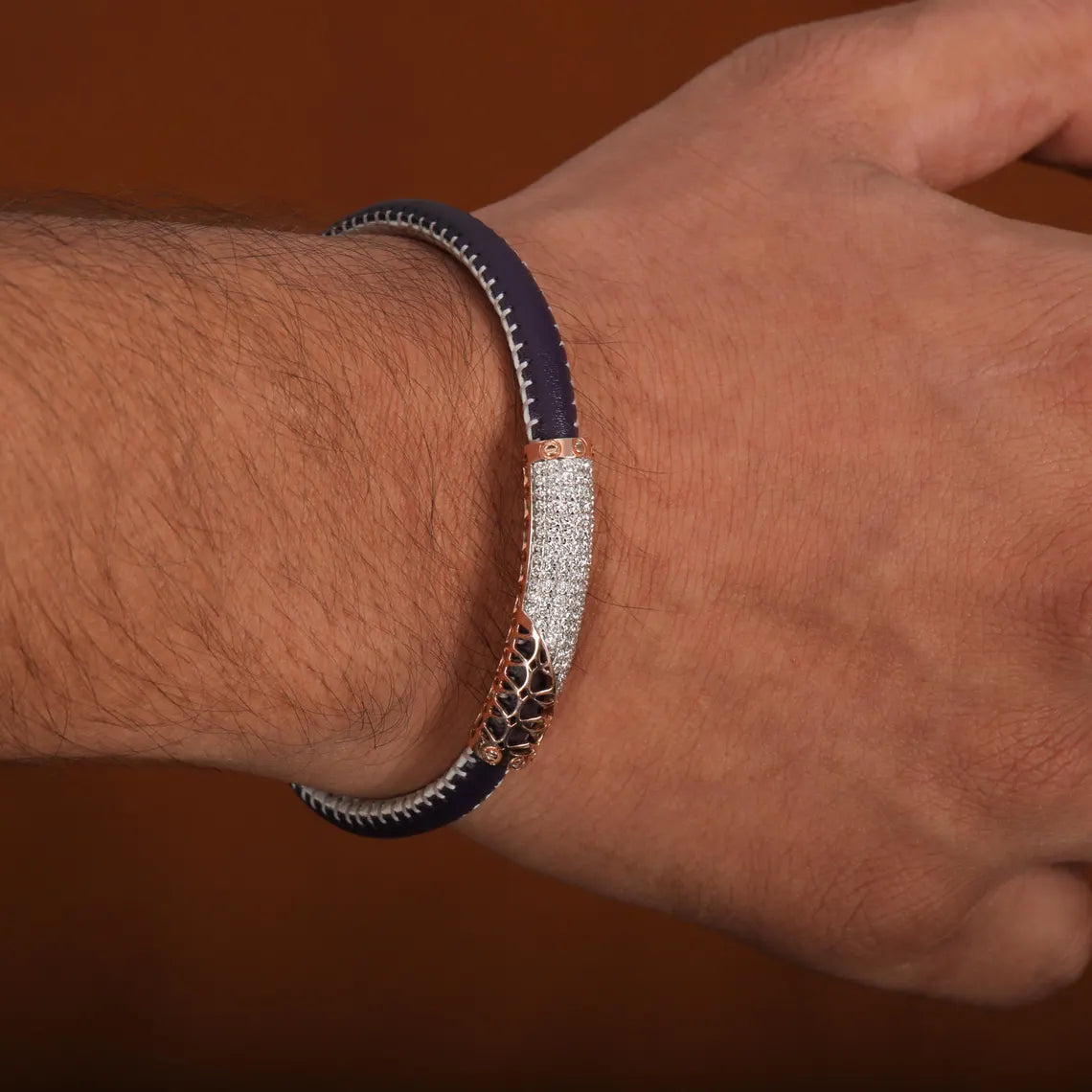 2.50 TCW Round Cut Lab Grown Diamond Leather Bracelet For Men