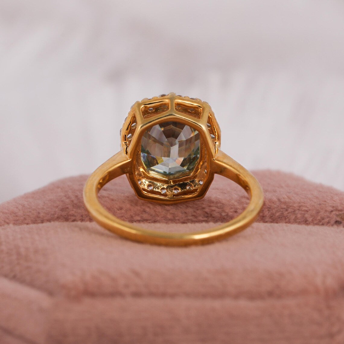 2.50 CT Green Elongated Oval Step Cut Lab Diamond Halo Engagement Ring