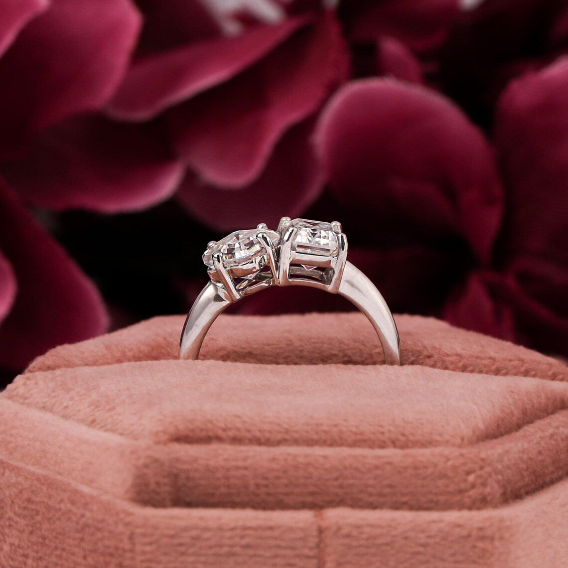 4.50 TCW Asscher & Emerald Cut Lab Diamond Two Stone Engagement Ring