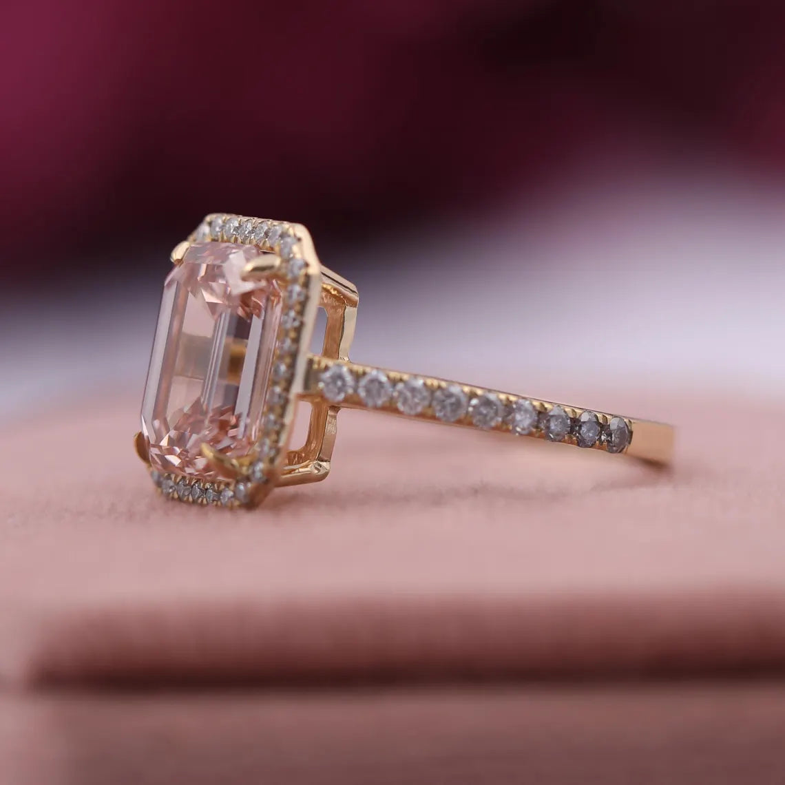 2 Carat Pink Color Emerald Cut Lab Diamond Halo Engagement Ring