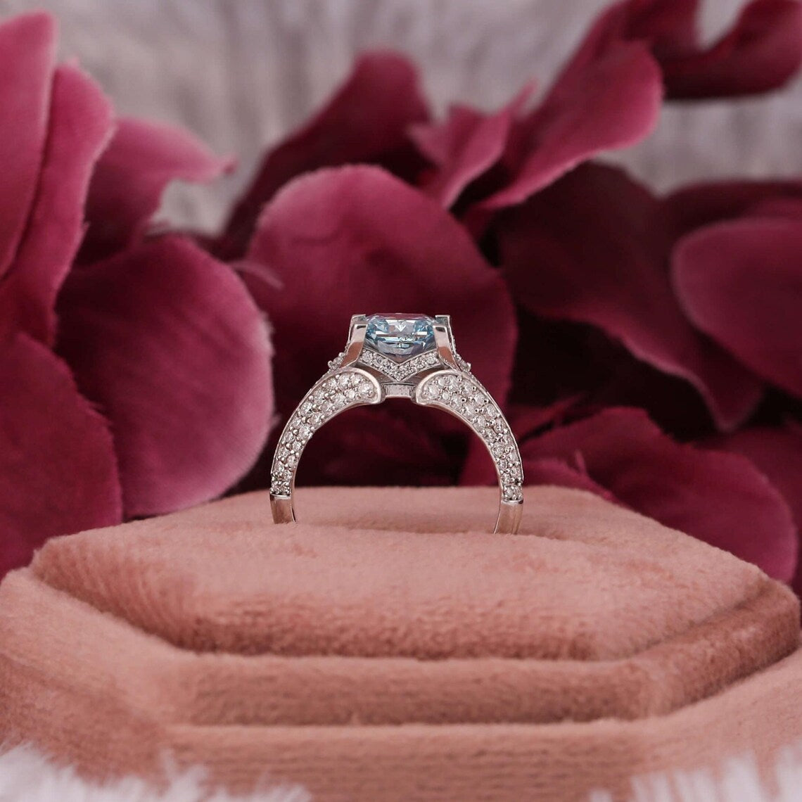 2.50 CT Blue Radiant Cut Lab Grown Diamond Split Shank Wedding Ring