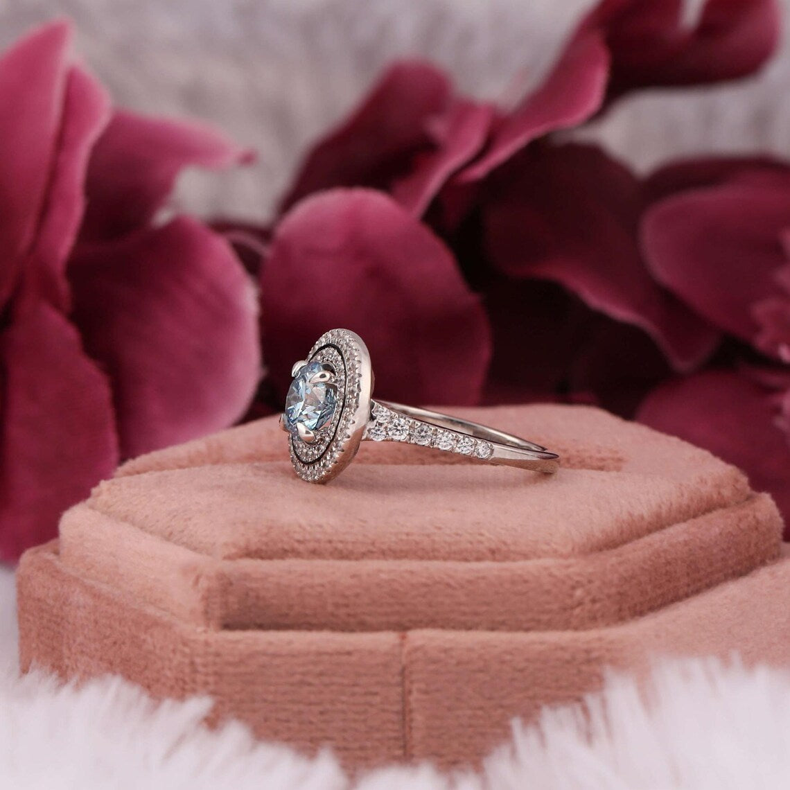 1.50 CT Blue Round Cut Lab Diamond Double Halo Engagement Ring