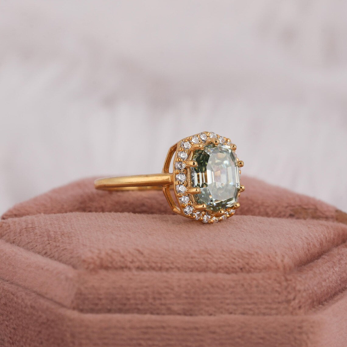 2.50 CT Green Elongated Oval Step Cut Lab Diamond Halo Engagement Ring