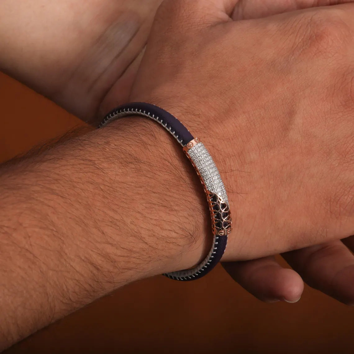 2.50 TCW Round Cut Lab Grown Diamond Leather Bracelet For Men