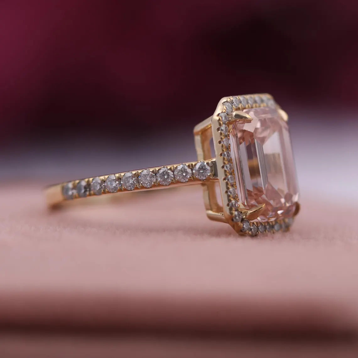 2 Carat Pink Color Emerald Cut Lab Diamond Halo Engagement Ring