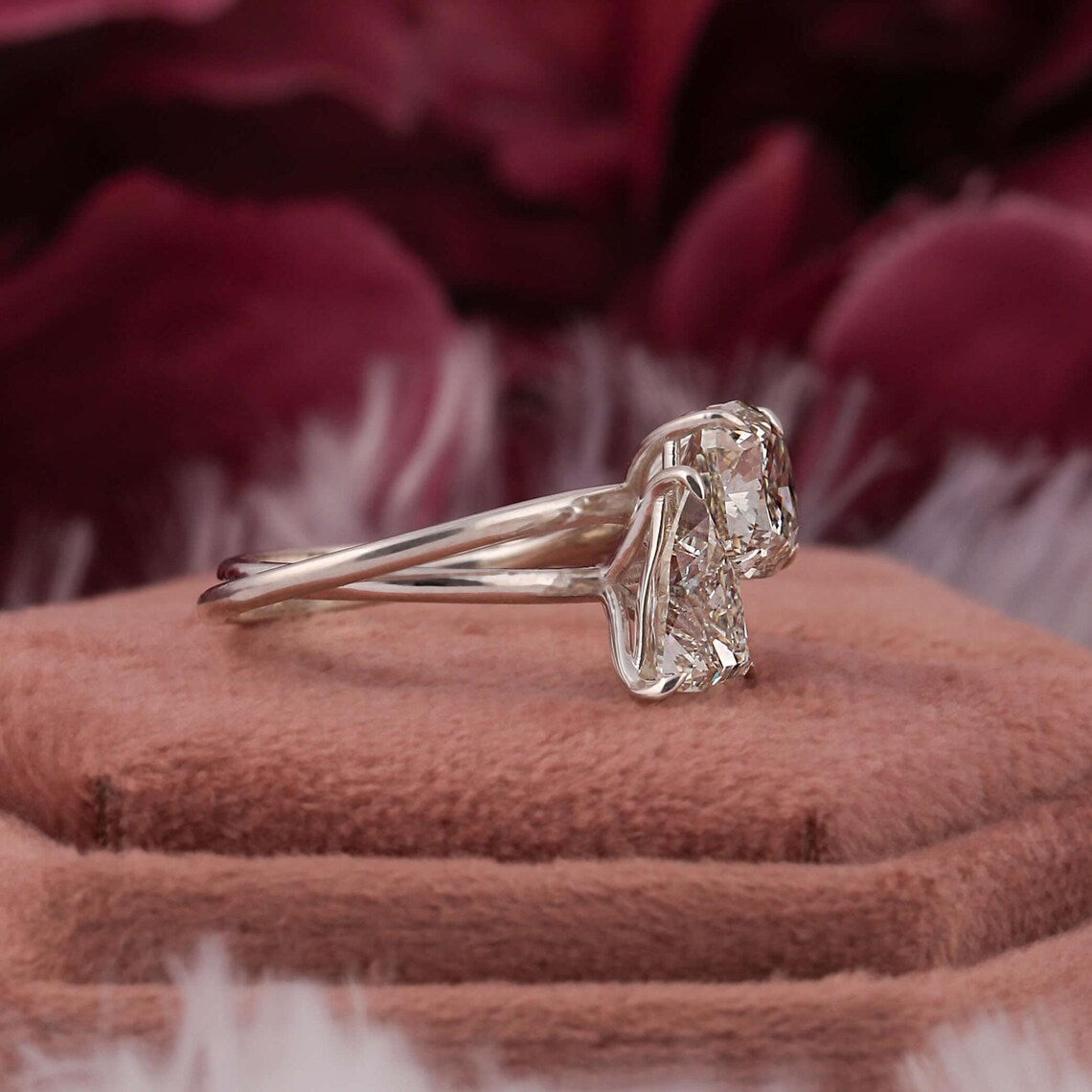 3.20 TCW Cushion & Trillion Cut Lab Diamond Toi Et Moi Engagement Ring
