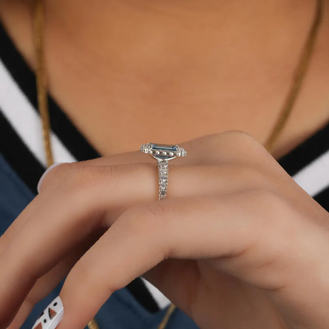 1.50 CT Fancy Vivid Blue Lab Diamond Emerald Cut Halo Engagement Ring