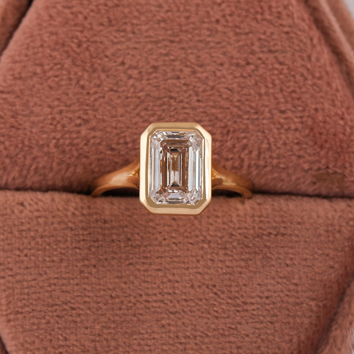 3.00 CT Emerald Lab Grown Diamond Bezel Set Solitaire Engagement Ring