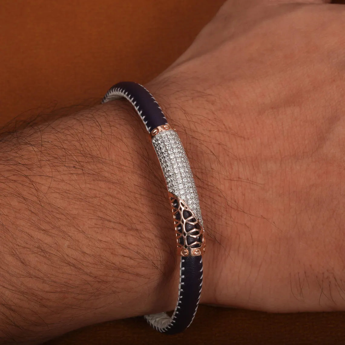 2.50 TCW Round Cut Lab Grown Diamond Leather Bracelet For Men