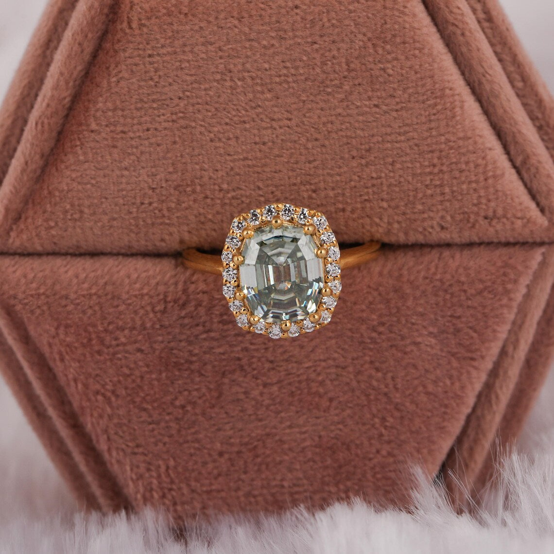 2.50 CT Green Elongated Oval Step Cut Lab Diamond Halo Engagement Ring