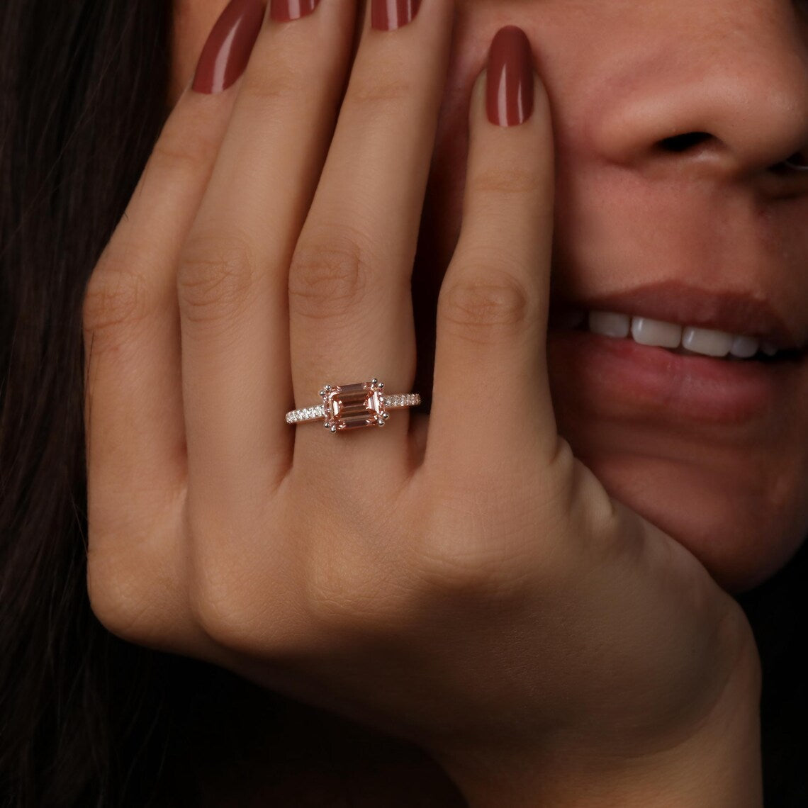 1.00 CT Pink Emerald Lab Grown Diamond Pave Engagement Ring