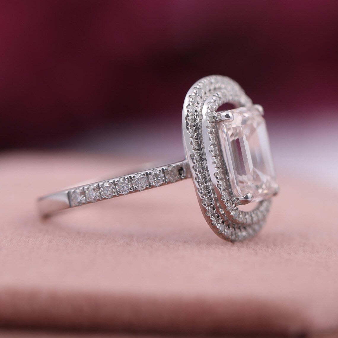 2.00 CT Emerald Fancy Pink Lab Diamond Double Halo Pave Engagement Ring