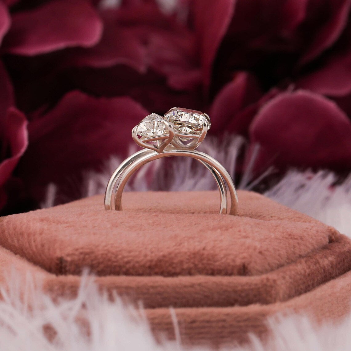 3.20 TCW Cushion & Trillion Cut Lab Diamond Toi Et Moi Engagement Ring