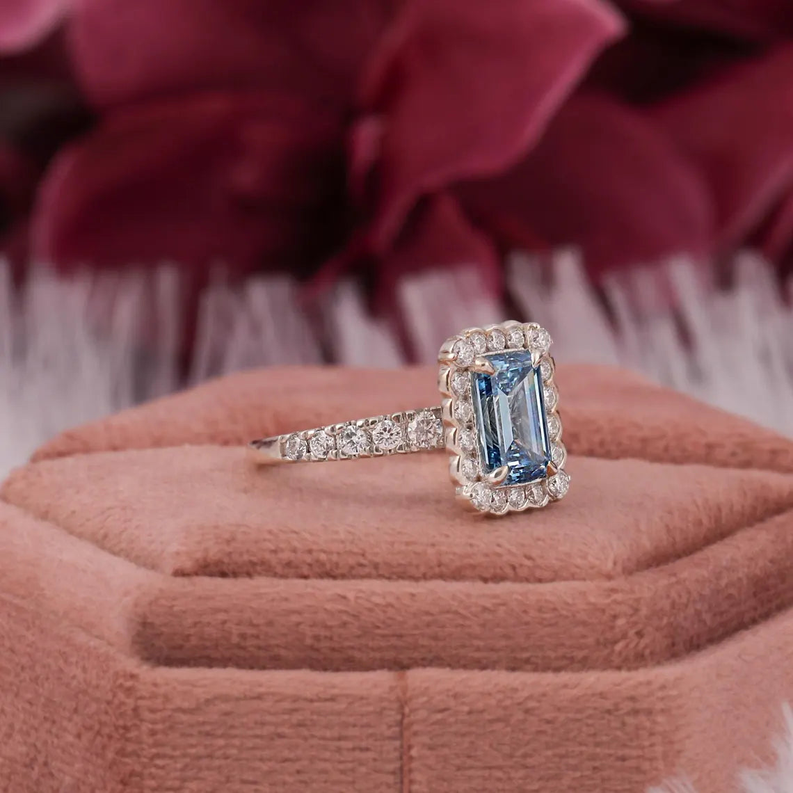 1.50 CT Fancy Vivid Blue Lab Diamond Emerald Cut Halo Engagement Ring