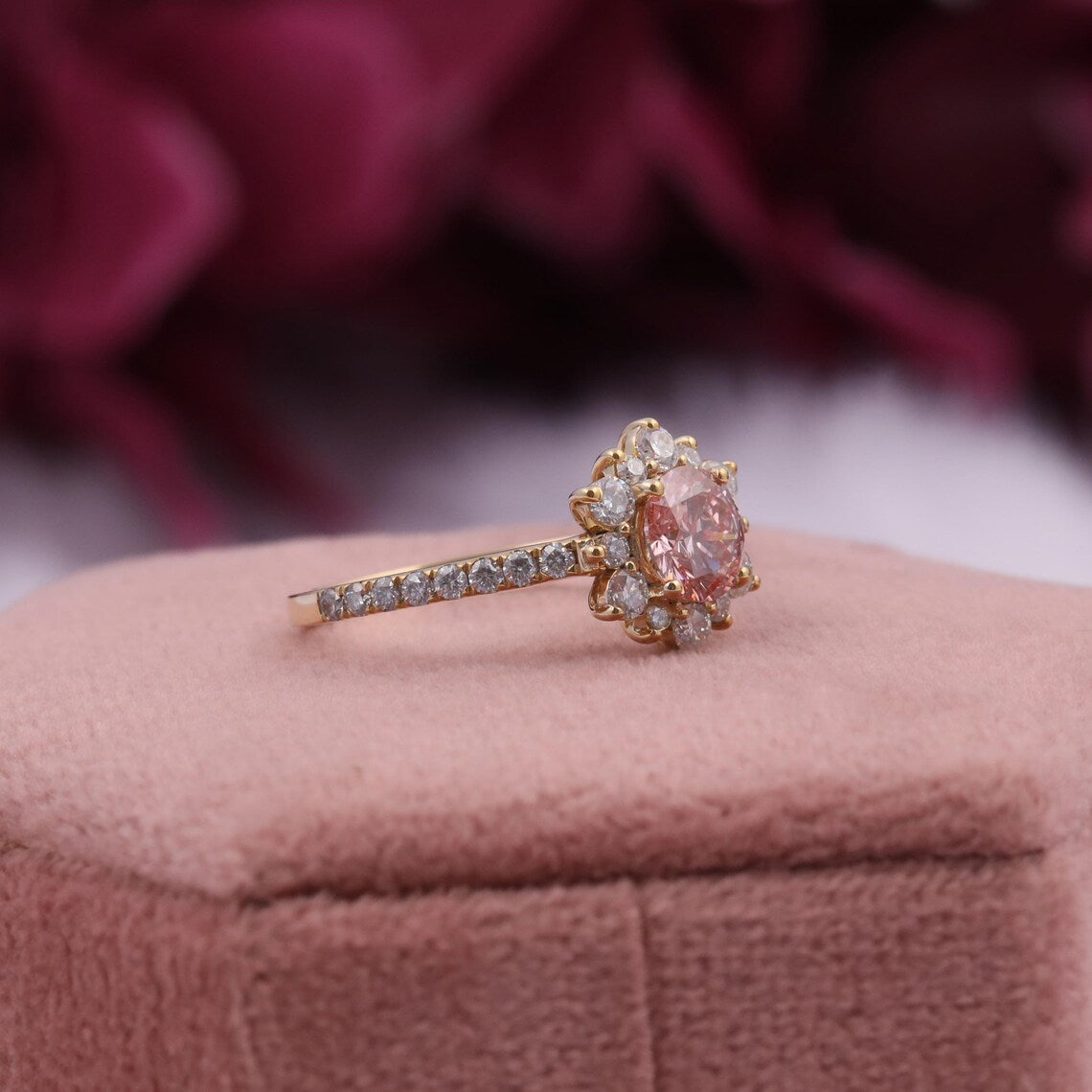 2.00 CT Pink Round Lab Diamond Halo Engagement Proposal Ring