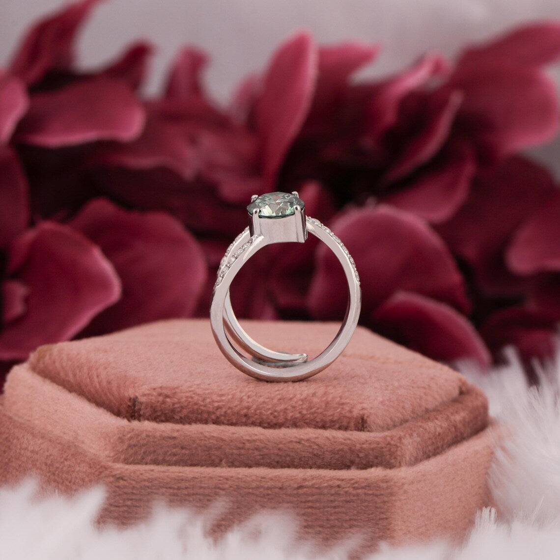 1.50 CT Green Round Cut Lab Grown Diamond Pave Engagement Ring