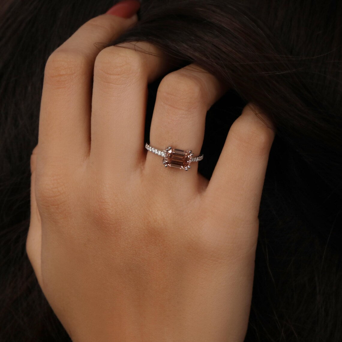 1.00 CT Pink Emerald Lab Grown Diamond Pave Engagement Ring