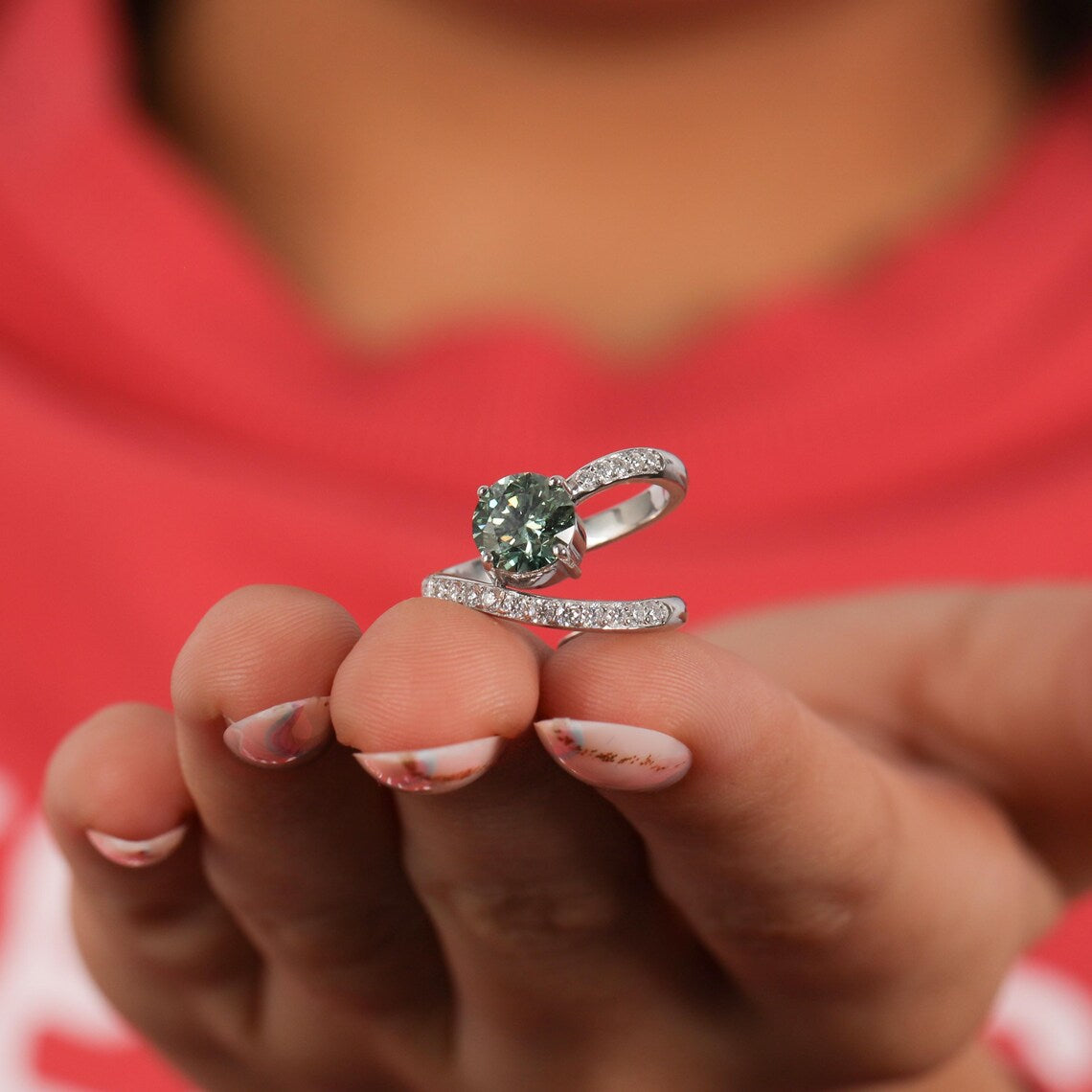 1.50 CT Green Round Cut Lab Grown Diamond Pave Engagement Ring