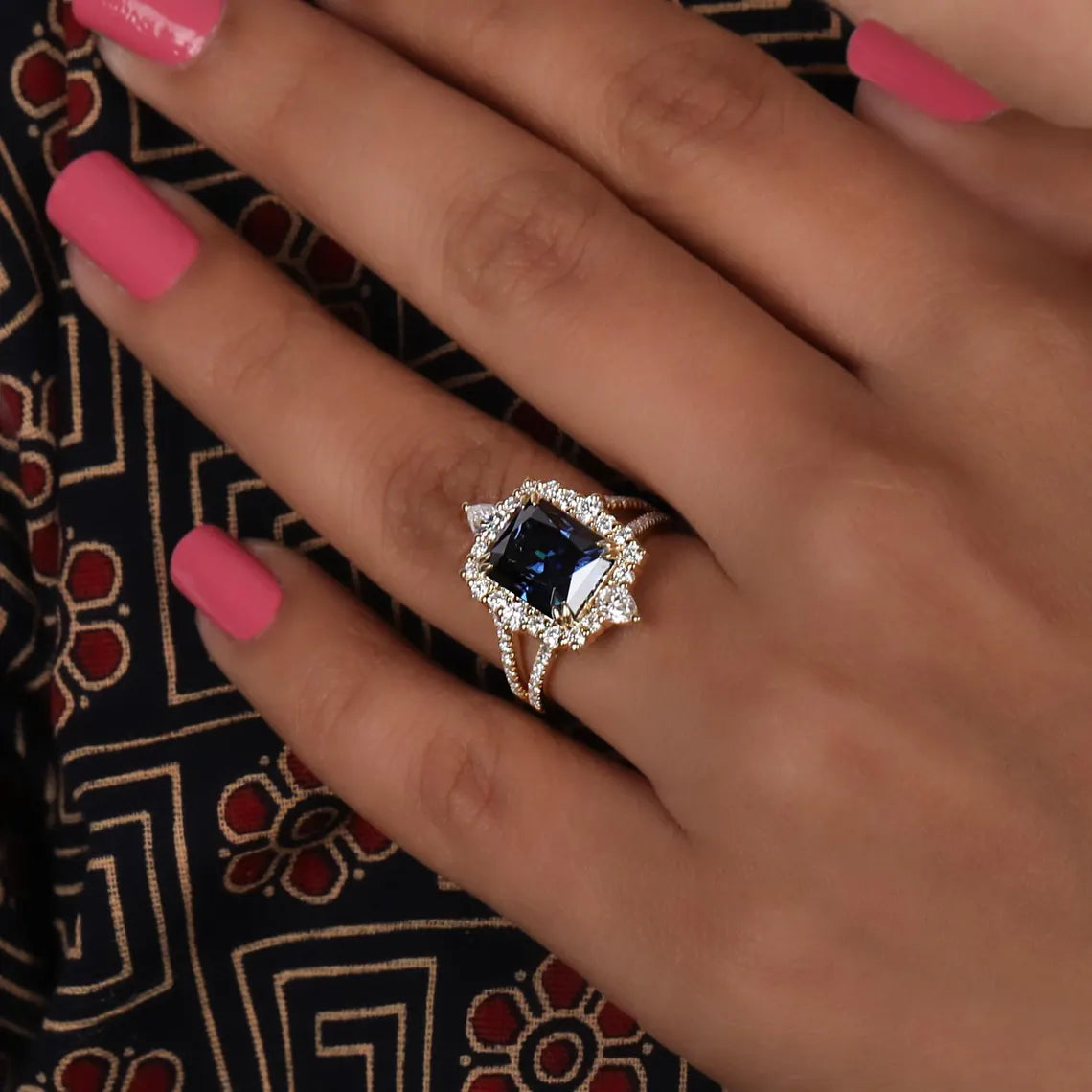 2.00 Carat Blue Radiant Cut Lab Grown Diamond Halo Wedding Ring