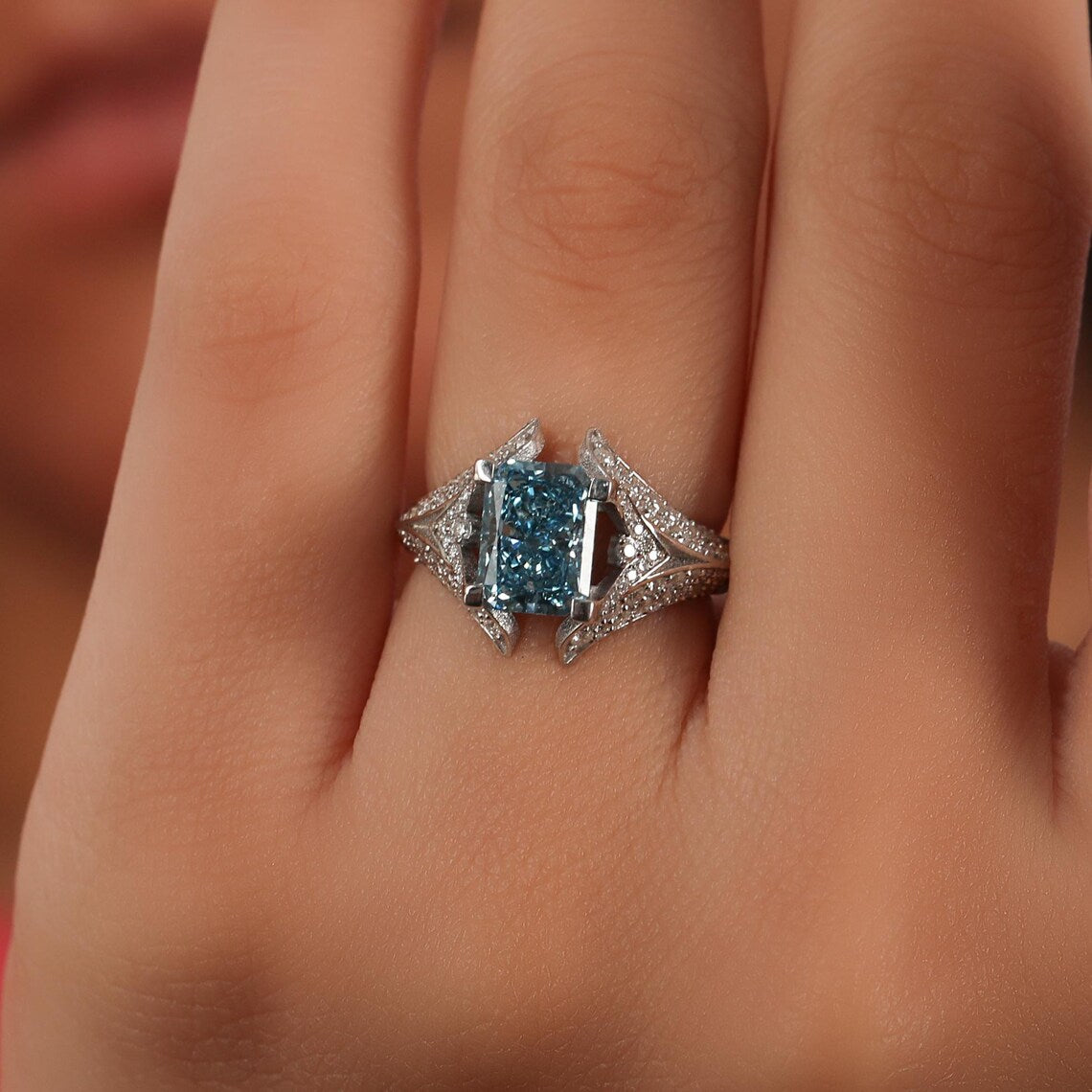 2.50 CT Blue Radiant Cut Lab Grown Diamond Split Shank Wedding Ring