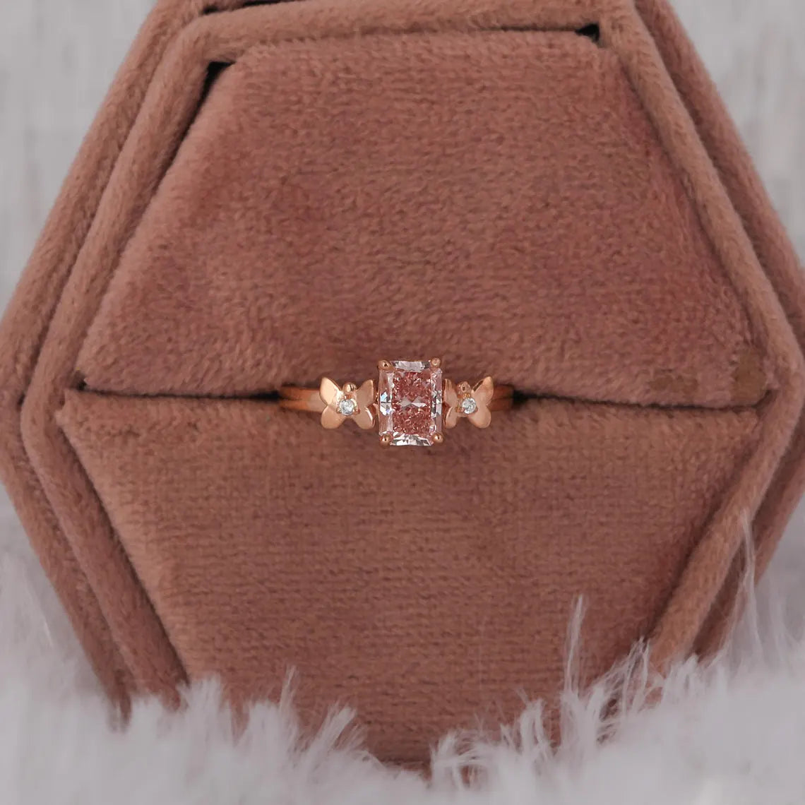 1.00 CT Pink Radiant Cut Lab Grown Diamond Three Stone Engagement Ring