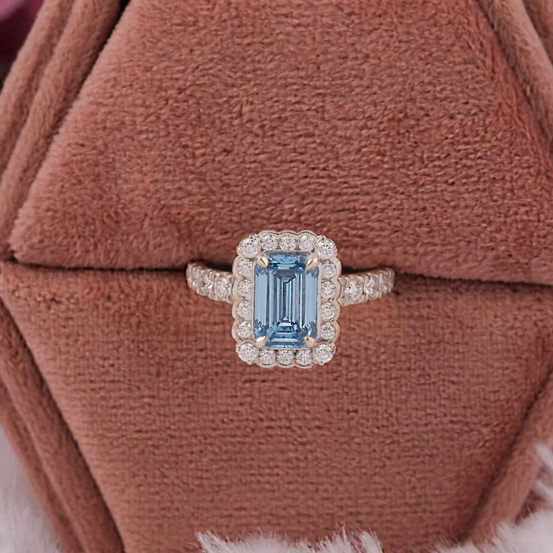 1.50 CT Fancy Vivid Blue Lab Diamond Emerald Cut Halo Engagement Ring