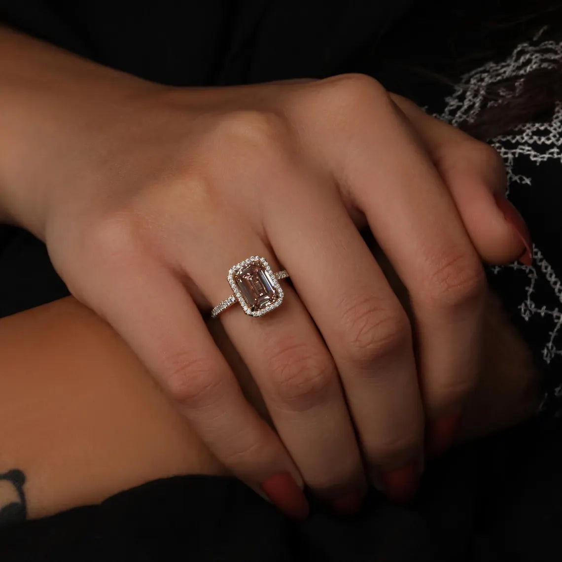 2 Carat Pink Color Emerald Cut Lab Diamond Halo Engagement Ring