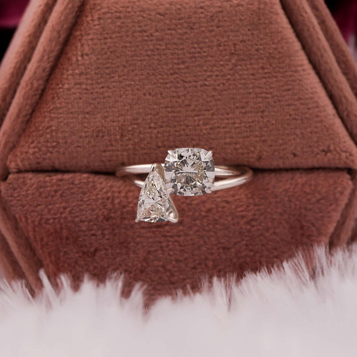 3.20 TCW Cushion & Trillion Cut Lab Diamond Toi Et Moi Engagement Ring