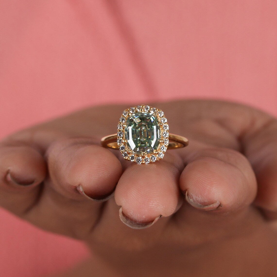 2.50 CT Green Elongated Oval Step Cut Lab Diamond Halo Engagement Ring