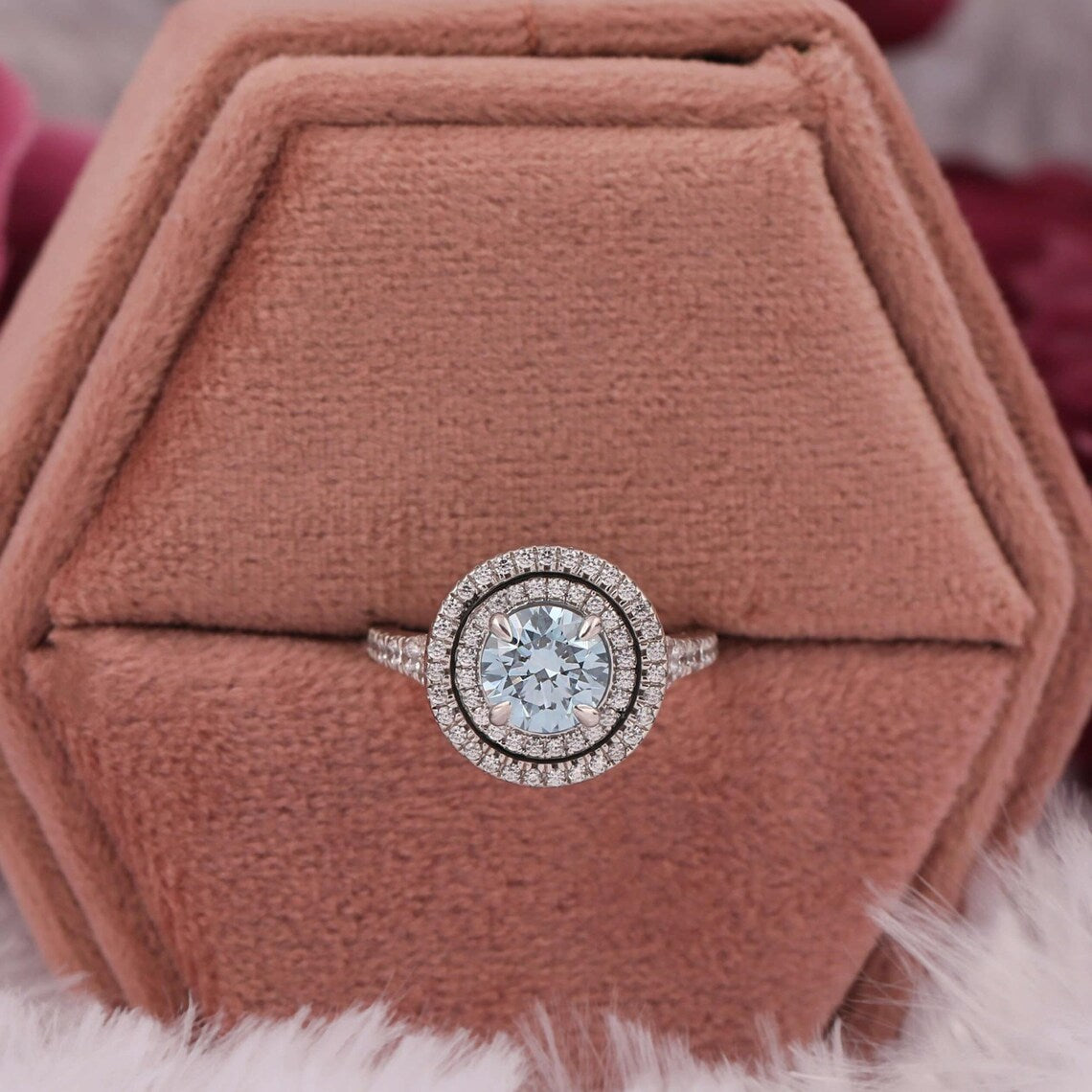1.50 CT Blue Round Cut Lab Diamond Double Halo Engagement Ring