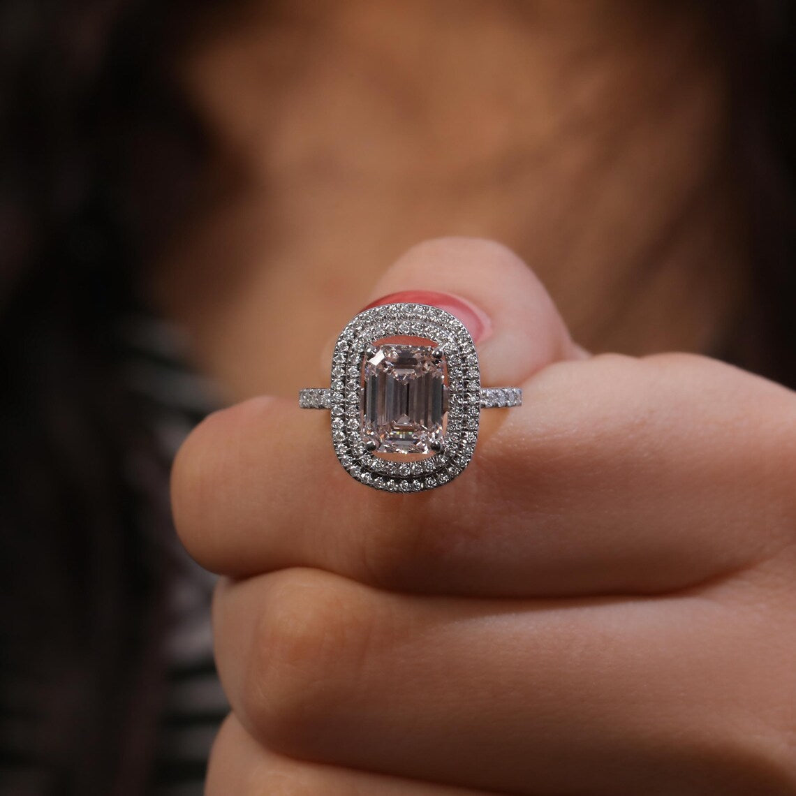 2.00 CT Emerald Fancy Pink Lab Diamond Double Halo Pave Engagement Ring