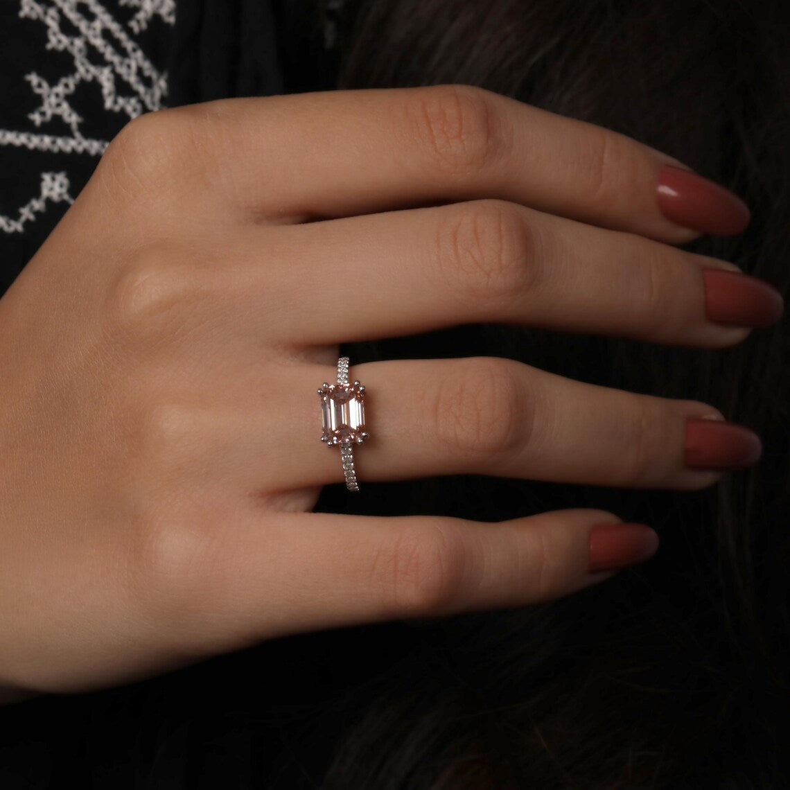 1.00 CT Pink Emerald Lab Grown Diamond Pave Engagement Ring